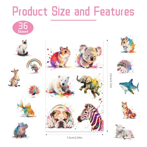 Miniatura 3 de Juego de tatuajes temporales de animales de acuarela de 216 piezas (36 hojas) para niños, calcomanías de animales lindos para niñas, niños, cuerpo