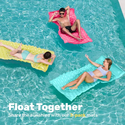 Miniatura 2 de Sloosh Paquete de 3 alfombrillas inflables para piscina, colchón flotador, con reposacabezas, flotador de piscina para adultos, 64 x 32 pulgadas