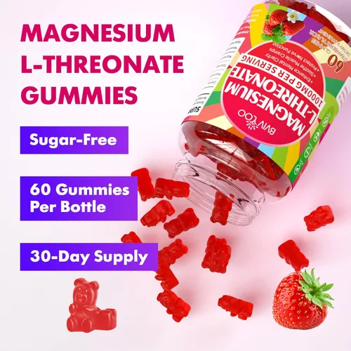 Miniatura 6 de Gomitas de magnesio L-treonato de 1000 mg para niños y adultos, apoyo muscular y sistema nervioso, vegano, sabor fresa sin azúcar, 120 gomitas