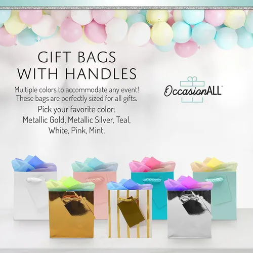 Miniatura 7 de Bolsas de regalo de papel dorado metálico con asas, ideales para fiesta de cumpleaños, con diseños de lunares, rayas y cheurón; 12 unidades. 4 x