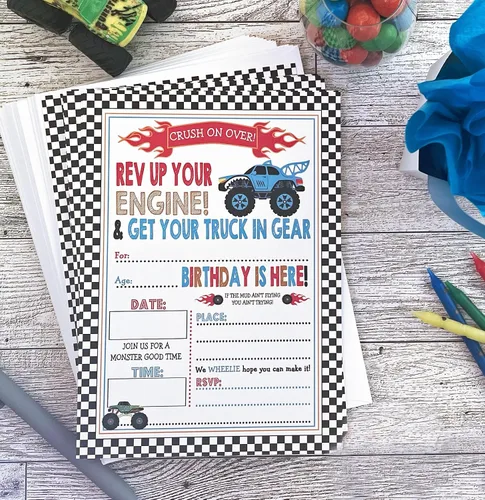 Miniatura 4 de Invitaciones de fiesta de cumpleaños Monster Truck - Juego de 15 con sobres