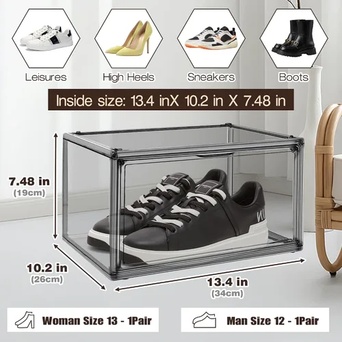 Miniatura 2 de Paquete de 2 cajas de zapatos de acrílico para armario, transparentes, apilables, tamaño 12 contenedores de almacenamiento de zapatos con tapas