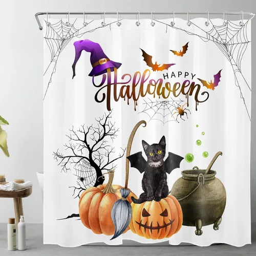 LB Cortina de ducha de terror de Halloween, gato negro sobre calabaza por árbol muerto, juego de cortinas de ducha de bruja morada, murciélagos y