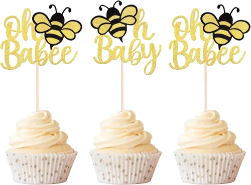 Rsstarxi Paquete de 36 adornos para cupcakes Bee Oh Babee con purpurina Bumble Bee Oh Baby para cupcakes, decoración de pasteles de baby shower,