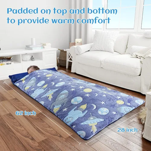 Miniatura 4 de Saco de dormir para niños que brilla en la oscuridad, para niñas y niños, tapete para siesta de 62 x 28 pulgadas, suave y cómodo para fiestas