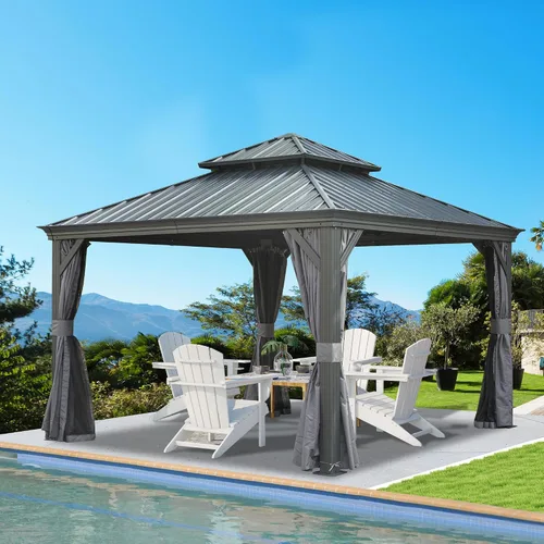 Miniatura 54 de Domi - Cenador permanente de metal con techo rígido de 8 x 8 pies, con doble techo de acero galvanizado, cortinas y malla para fiestas, bodas, Gris