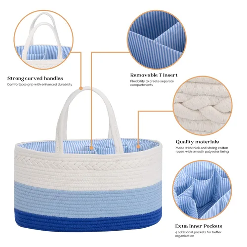 Miniatura 5 de luxury little Organizador de pañales, cesta grande de cuerda de algodón para bebé, organizador de cambiador para almacenamiento de pañales de bebé