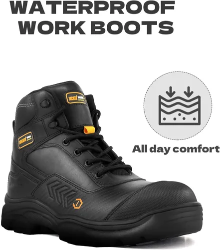 Miniatura 2 de Jacata Botas de trabajo impermeables de cuero con punta suave/de acero para hombre, resistentes al aceite/antideslizantes de 6 pulgadas con suela