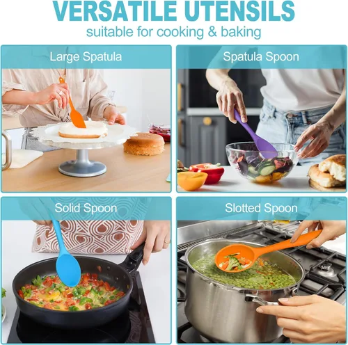 Miniatura 6 de TeamFar Utensilios de cocina de silicona, juego de utensilios de cocina de 7 piezas con cuchara giratoria, espátula cucharón, perfecto para hornear