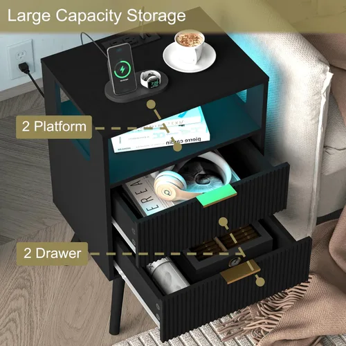 Miniatura 6 de JOONEE - Mesita de noche negra con estación de carga y luces LED, mesa de noche moderna con 2 cajones de almacenamiento y estante de madera abierto