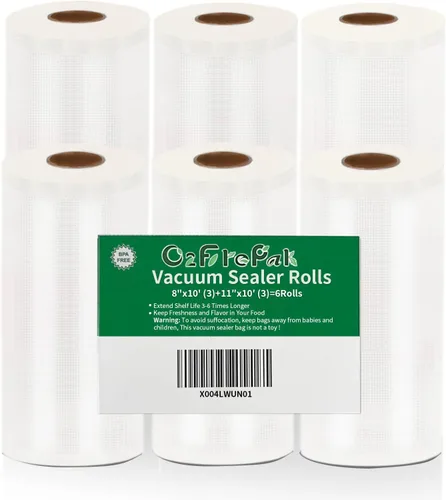 O2frepak Paquete de 6 bolsas selladoras al vacío de 8 x 10 pies (3 rollos) y 11 x 10 pies (3 rollos) sin BPA, rollos de bolsas de almacenamiento
