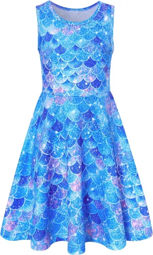 Miniatura 26 de Funnycokid Vestido de Sirena para Niñas, Sin Mangas, de Verano, para Cumpleaños, de Fiesta con Volantes, Ropa de 4 a 13 Años