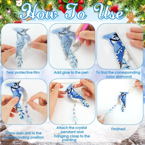 Miniatura 5 de Juego de 6 carillones de viento de cristal con diseño de Jay azul con diseño de diamantes 5D, adornos azules de invierno, adornos de Jay de doble