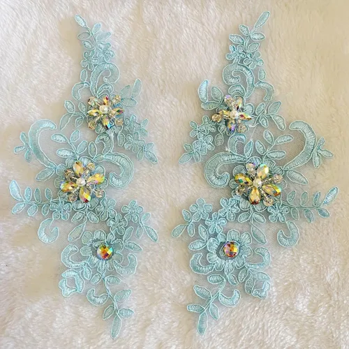 Miniatura 26 de Parches de tela de encaje fino bordados con diamantes de imitación bordados, decoración de vestido para coser en lentejuelas cuentas, accesorio