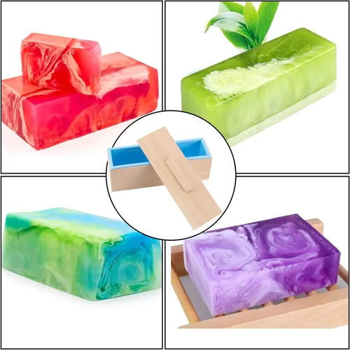 Miniatura 6 de Juego de 3 moldes de jabón de silicona azul de 45 onzas, moldes rectangulares flexibles para hacer jabón con caja de madera, cubiertas de madera
