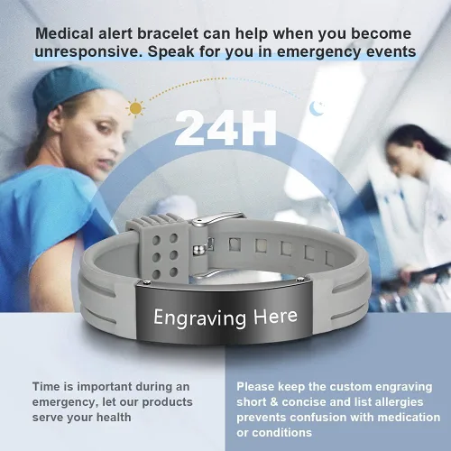 Miniatura 81 de OPALSTOCK Pulseras médicas personalizadas de silicona ajustable para identificación de emergencias, grabado gratuito, 9 pulgadas, resistente al