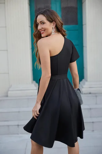 Miniatura 4 de GRACE KARIN Vestido de verano para mujer, elegante vestido de cóctel de un hombro, con volantes, manga corta, acampanado, vestido de fiesta
