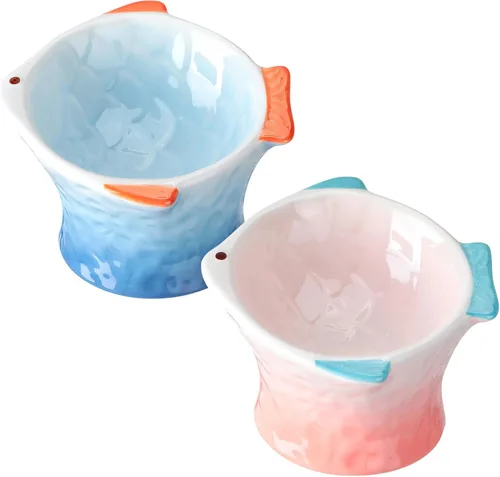 Miniatura 8 de Tioncy 2 cuencos elevados de cerámica inclinados para gatos con forma de pez, lindo plato elevado inclinado en ángulo poco profundo, comedero Verde