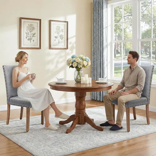 Miniatura 5 de Silla de comedor tapizada moderna y elegante Parsons con respaldo alto con ribete de cabeza de clavo de bronce y patas de madera, juego de 4, gris