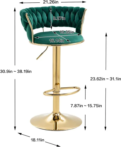 Miniatura 2 de RXR - Juego de 2 taburetes de bar de terciopelo, taburetes de bar de altura ajustable y taburete giratorio de 360°, silla de bar de cocina