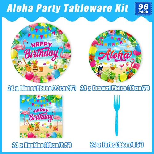 Miniatura 2 de Kepeel 96 piezas de suministros de decoración de fiesta hawaiana Aloha, platos de fiesta de cumpleaños tropicales Luau Tropical para verano, playa