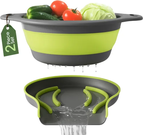Miniatura 9 de Gevoli - Colador con base autodrenante (5QT) para sobre el fregadero, juego de colador plegable de cocina con base de drenaje lateral para pasta