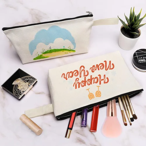 Miniatura 3 de 10 bolsas de maquillaje de lona de algodón con parte inferior y correa, bolsa de cosméticos multiusos con cremallera, bolsa de aseo de viaje, bolsa