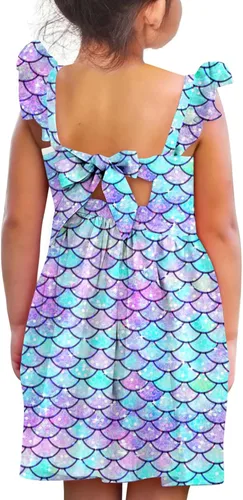 Vieille Vestido de verano para niñas pequeñas, con volantes, manga corta, lindo vestido de sirena sin espalda para niños, vestido de playa casual