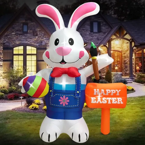Miniatura 3 de Enorme Decoración Inflable de Pascua de 12 Pies de Alto Conejito de Pie Sosteniendo Huevo y Pincel, Luces LED Incorporadas Decoración Inflable