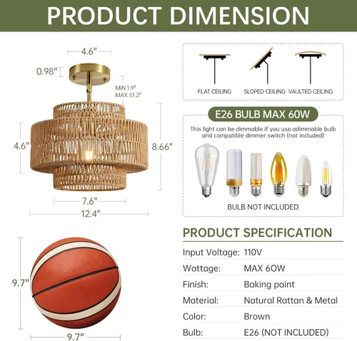 Miniatura 5 de 12.4” Candelabro de ratán boho, 1 luz, lámpara colgante tejida a mano, lámpara colgante rústica de estilo granja para isla de cocina, recámara