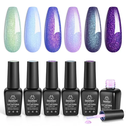 Miniatura 29 de Beetles - Juego Carnival Evergreen de 6 esmaltes de uñas de gel con purpurina, kit de 6 piezas con lámpara de remojo, aguacate, diseño de arte
