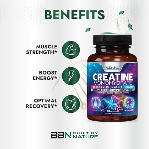 Miniatura 4 de Built by Nature Píldoras de monohidrato de creatina, suplemento de creatina micronizada para hombres y mujeres, fuerza muscular, energía