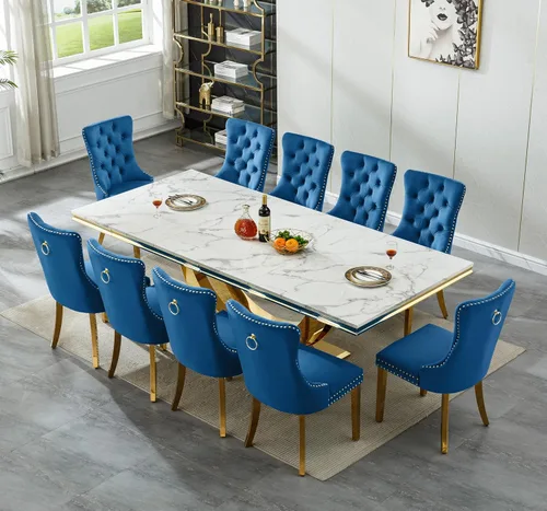 Miniatura 2 de Juego de mesa de comedor grande y moderna de mármol sintético blanco de 94.5 pulgadas, juego de mesa de comedor de 10 piezas con 10 sillas tapizadas