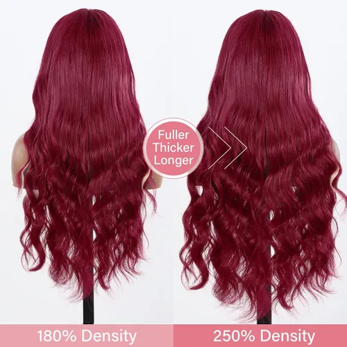 Miniatura 2 de HANASCC Pelucas de cabello humano con encaje frontal 99J color borgoña de 28 pulgadas, densidad del 250 %, 13 x 6, HD 613, pelucas de cabello humano