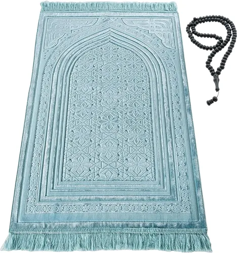 Miniatura 21 de Modefa Alfombra de oración de terciopelo de lujo con cuentas de oración, suave y elegante, alfombra musulmana turca Janamaz Sajada para hombres