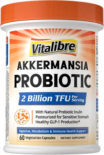Vitalibre Akkermansia Muciniphila Probiótico, 2 mil millones de TFU, con inulina prebiótica natural, aumenta naturalmente GLP-1, digestión saludable