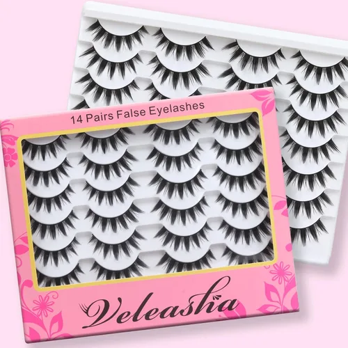 Miniatura 7 de Veleasha - Pestañas postizas manga puntiagudas naturales, para cosplay de anime, 14 pares, 3D, ligeras, banda de algodón de 8-15 mm, suaves, 100%