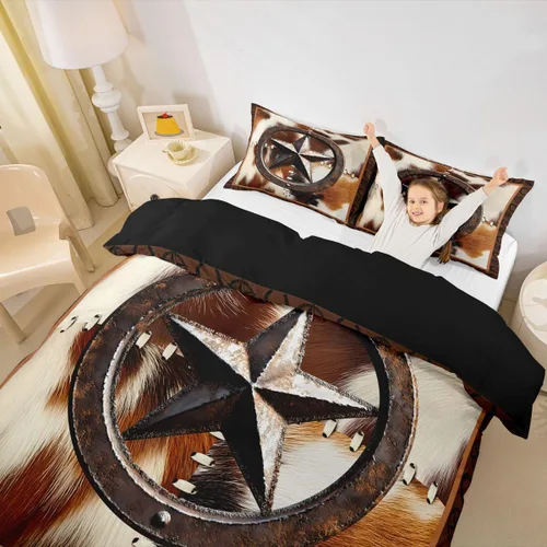 Miniatura 5 de Juego de ropa de cama de piel de vaca para niños y niñas, funda de edredón con estampado de estrellas de piel de vaca occidental, funda de edredón