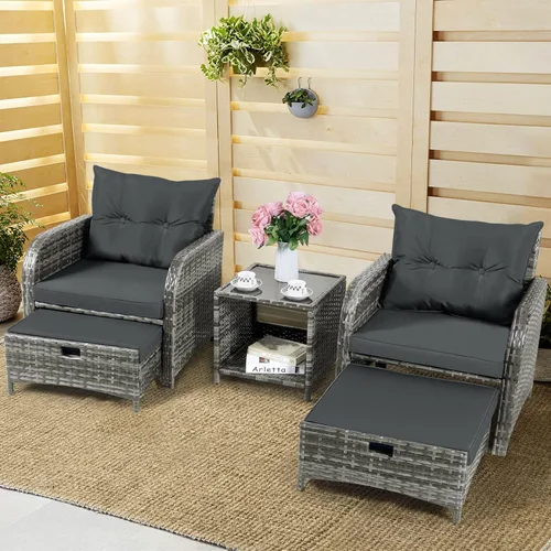Miniatura 2 de Silla de Patio con Otomanas y Mesa, Juego de Muebles de Patio al Aire Libre de Ratán de Mimbre PE de 5 Piezas, Diseño que Ahorra Espacio Sillas