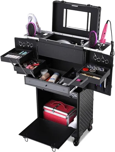 Miniatura 5 de BYOOTIQUE Estuche de maquillaje con ruedas con espejo, organizador de cosméticos, estilista de peluquería, peluquero, bandeja extensible