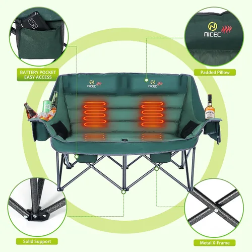Miniatura 7 de Nice C Silla de camping climatizada con batería, sofá doble calefactado para campamento, sofá biplaza acolchado grueso de gran tamaño, banco