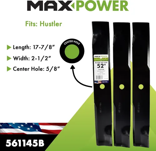 Miniatura 2 de MaxPower 561145B Juego de 3 cuchillas para cortacéspedes Hustler de 52 pulgadas. Sustituye al OEM # 795526, 603995, 783753, 787721, 30227-52X