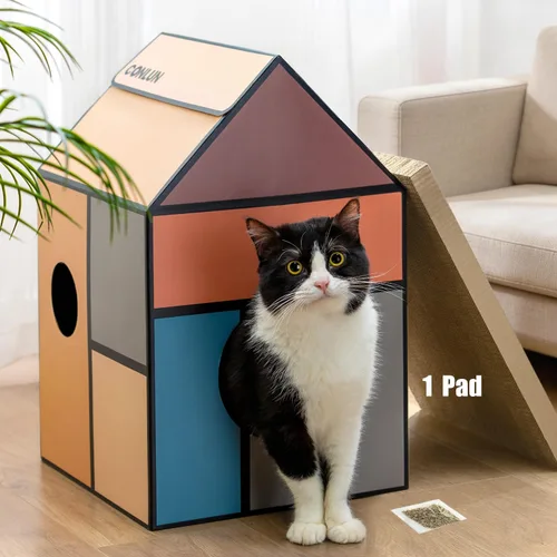 Conlun Casa de cartón para gatos con almohadilla para rascar y hierba gatera, casa rascador para juegos de gatos para muebles de interior, rascador