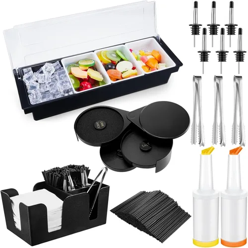 Mifoci Bartending Supplies Bandeja de Guarnición con Tapa Caddy de Bar Rimador de Vasos de 3 Niveles 12 Vertedores de Botellas de Acero Inoxidable 2