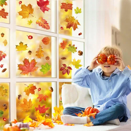 Miniatura 5 de YUJUN 6 hojas de calcomanías de ventana de otoño de Acción de Gracias, hojas de arce, conos de pino, calcomanías para ventana de vidrio de otoño