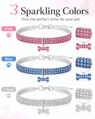 Miniatura 8 de Collar para mascotas con diamantes de imitación, collar de 3 filas de diamantes de cristal brillantes para perro, collar de boda con diamantes