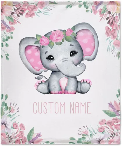 Miniatura 13 de Manta personalizada de elefante azul floral con nombre para niñas, manta con nombre personalizado para niños pequeños, regalos personalizados