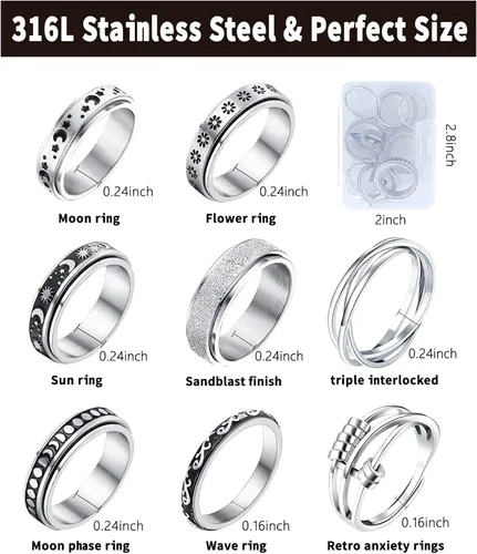 Miniatura 5 de Spinner Ring for Anxiety 8pcs Stainless Steel Fidget Rings Anti Anxiety Ring Spinning Moon Star Cool Stress Relieving Rings for Women Men Teens Girls
