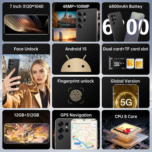 Miniatura 3 de Teléfono celular desbloqueado S25 Ultra Smartphone 12GB+512GB Teléfono Android 48MP+108MP Cámara 7 pulgadas Pantalla HD Teléfono móvil 5G Dual SIM