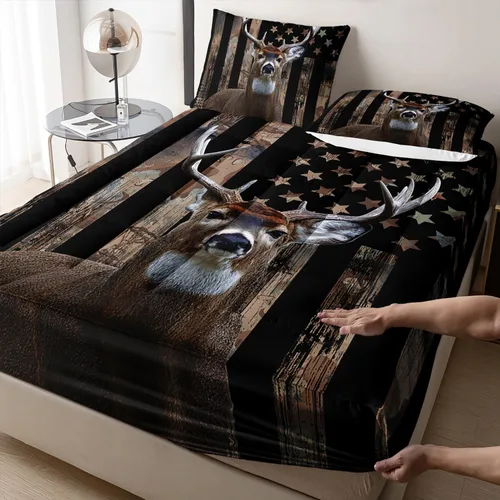 Miniatura 3 de HOSIMA Protector de colchón individual con diseño de bandera estadounidense y ciervos, funda de colchón de caza de ciervos con bolsillo profundo.